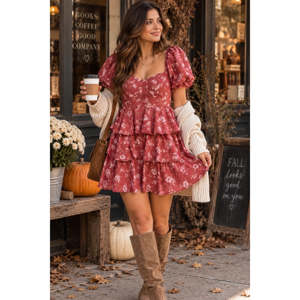 Altar'd State Floral Ruffle Mini Dress M Puff Sleeve Cottagecore Romantic